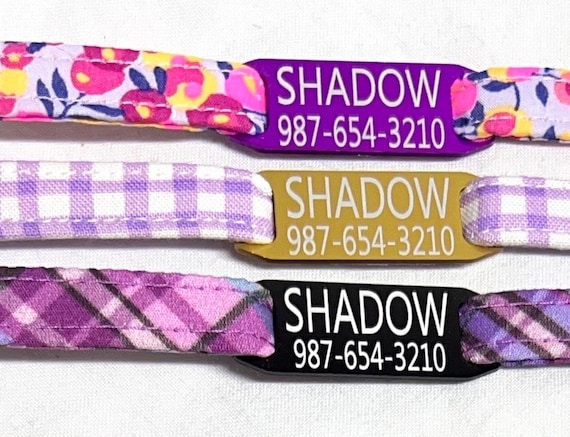 Purple Personalized Breakaway Cat Collar - Slide-On Engraved ID Tag - Floral, Checks, Plaid
