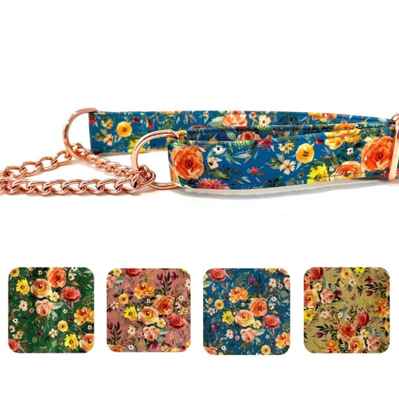 Chain Martingale Dog Collar 1" Wide - Rose Gold, Antique Brass, Gunmetal - Blue Country Flowers