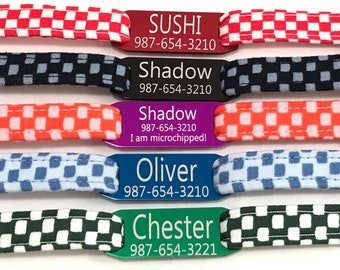 Personalized Breakaway Cat Collar - Tiny Checks, Checkered Fabric - Slide-On Engraved ID Tag