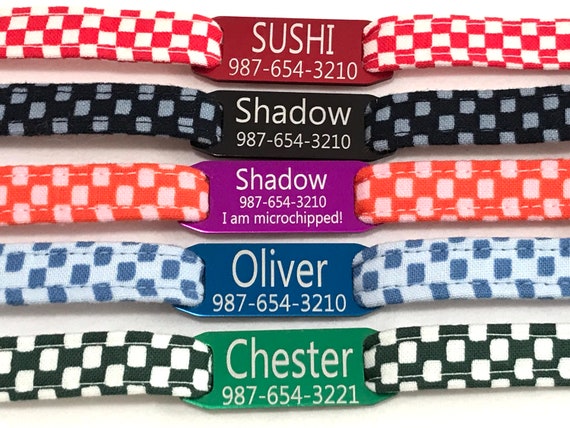 Personalized Breakaway Cat Collar - Tiny Checks, Checkered Fabric - Slide-On Engraved ID Tag