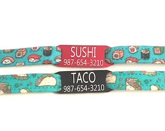 Personalized Breakaway Cat Collar - Slide-On Engraved ID Tag - Tacos, Cute Kawaii Sushi