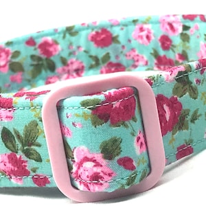Dog Collar for Girl - Old Fashioned Shabby Chic Pink Aqua Flowers