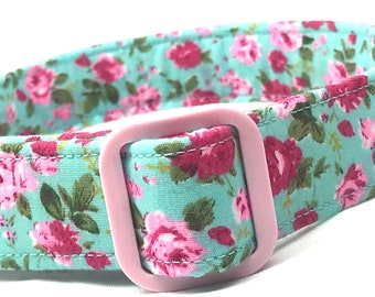Dog Collar for Girl - Old Fashioned Shabby Chic Pink Aqua Flowers