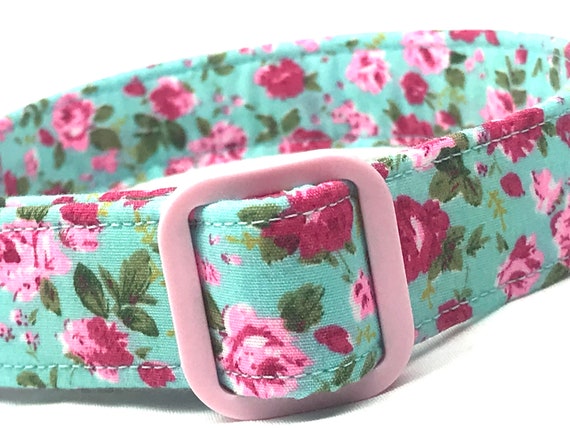Dog Collar for Girl - Old Fashioned Shabby Chic Pink Aqua Flowers
