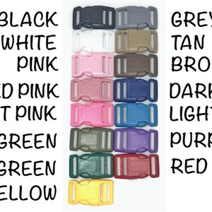 May include: A variety of colors of plastic slider buckles, including black, white, pink, muted pink, hot pink, olive green, green, yellow, grey, tan, brown, dark blue, light blue, purple, and red.