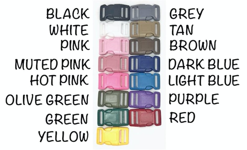 May include: A variety of colors of plastic slider buckles, including black, white, pink, muted pink, hot pink, olive green, green, yellow, grey, tan, brown, dark blue, light blue, purple, and red.
