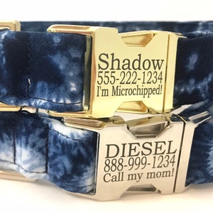 Tie Dye Personalized Dog Collar for Boy- Engraved Buckle - Indigo Blue
