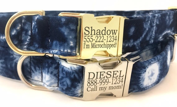 Tie Dye Personalized Dog Collar for Boy- Engraved Buckle - Indigo Blue