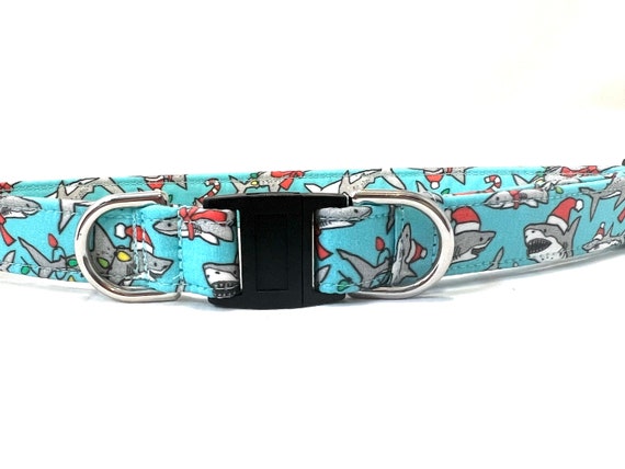Christmas BREAKAWAY Dog Collar for Boy, Girl - Sharks Wearing Santa Hats - Safety