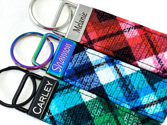 Personalized Key Fob - Engraved Name - Personalized Gift for Her - Red, Blue, Green Plaid