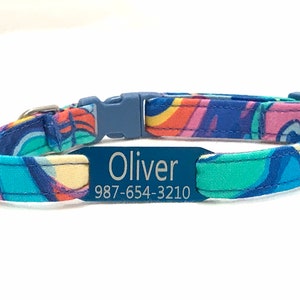Personalized Cat Collar with Slide On ID Tag - Breakaway - Blue Psychedelic
