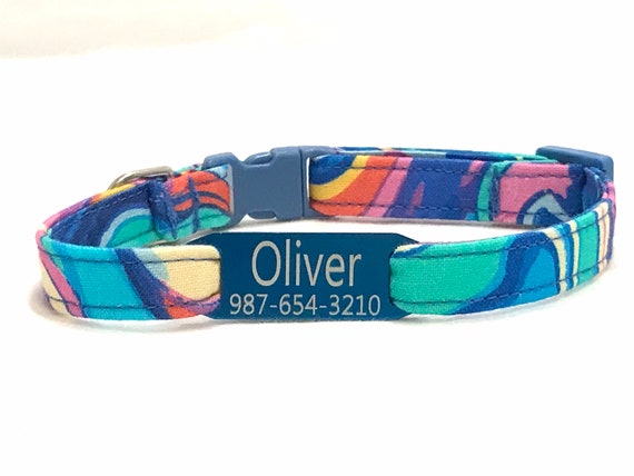 Personalized Cat Collar with Slide On ID Tag - Breakaway - Blue Psychedelic