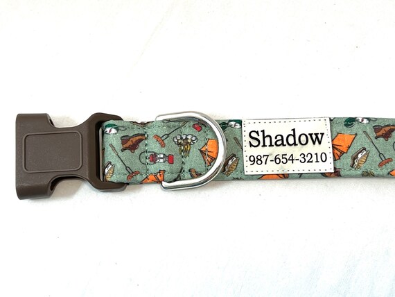 Camping Personalized Dog Collar for Girl, Boy - Engraved ID Tag - Pleather Name Patch - 1.5", 1", 3/4"