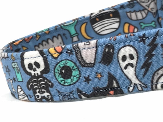 Halloween Dog Collar for Girl, Boy - Skeletons, Ghosts, Candy Corn - Blue