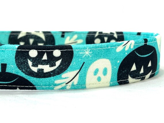 Halloween Dog Collar for Girl, Boy -Aqua Pumpkins and Ghosts, Jack-O-Lantern