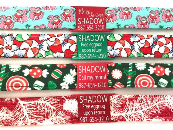 Christmas Dog Collar - Personalized Slide On ID Tag -  Tropical Santas, Peppermint Candy
