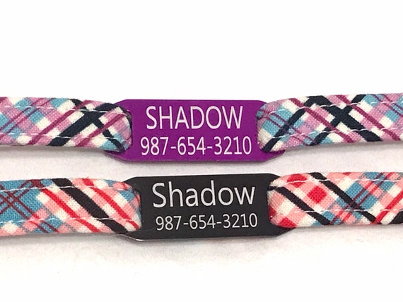 Personalized Breakaway Cat Collar - Purple, Red Plaid - Slide-On Engraved ID Tag