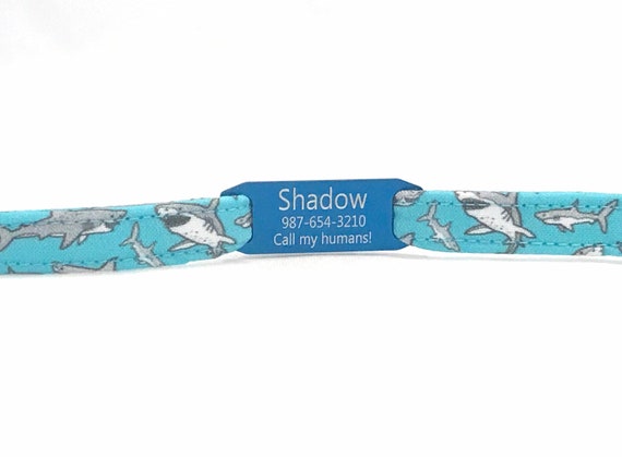 Personalized Aqua Shark Cat Collar for Boy, Girl - Slide-On ID Tag - Breakaway