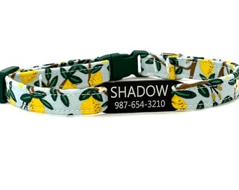 Personalized Breakaway Cat Collar - Rifle Paper Co. - OPTIONAL Colored Slide-On Engraved ID Tag - 3/8" - Lemon Trees