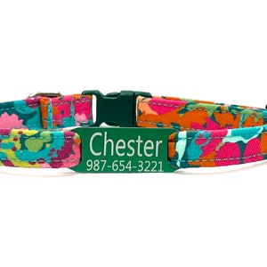 Personalized Cat Collar for Girl - Slide-On ID Tag - Breakaway - Abstract Teal Magenta Floral