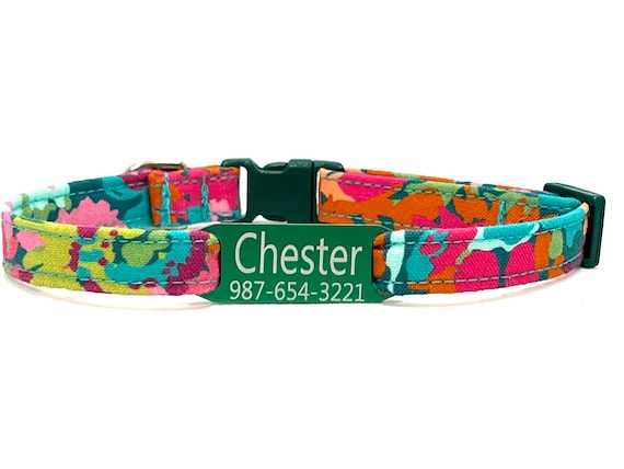 Personalized Cat Collar for Girl - Slide-On ID Tag - Breakaway - Abstract Teal Magenta Floral