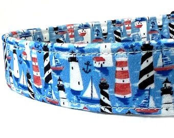 Nautical Dog Collar for Boy, Girl - Lighthouses, Sailboats and Anchors