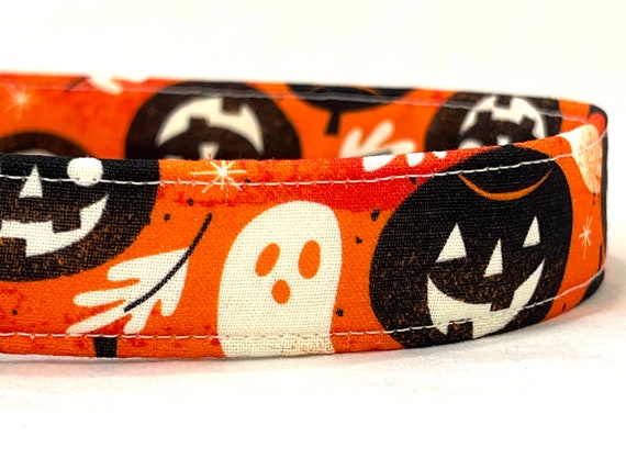 Halloween Dog Collar for Girl, Boy - Orange Pumpkins and Ghosts, Jack-O-Lantern