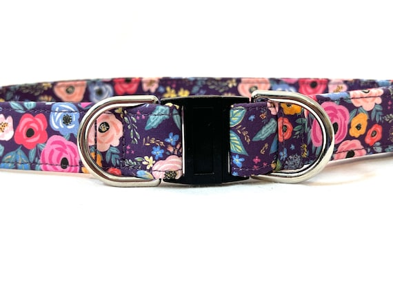 BREAKAWAY Dog Collar for Boy, Girl - Safety - Retro Flowers - Dark Plum - Green- Black