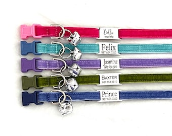 Velvet Cat Collar - Breakaway - Personalized Slide-On REMOVABLE Engraved ID Tag - 3/8"