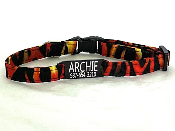 Personalized Cat Collar for Boy, Girl- Fierce Flames Fire- Slide-On ID Tag - Breakaway