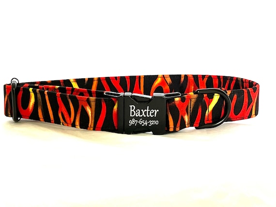 Personalized Dog Collar for Boy, Girl - Laser Engraved Buckle - Fierce Flames Fire