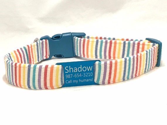 Beach Dog Collar Personalized with Slide On ID Tag - Rainbow Stripes Seersucker