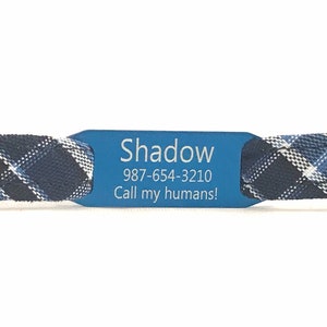 Personalized Cat Collar for Boy - Blue, Black Plaid - Slide-On ID Tag - Breakaway