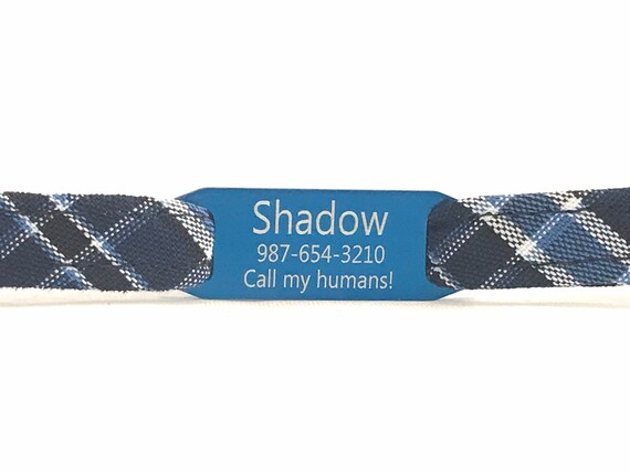 Personalized Cat Collar for Boy - Blue, Black Plaid - Slide-On ID Tag - Breakaway