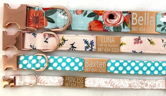 Rose Gold Dog Collar Personalized for Girl, Boy with Slide On ID Tag