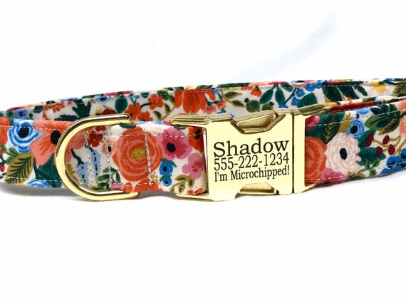Rifle Paper Co Personalized Dog Collar -  Laser Engraved Buckle - Garden Party Red
