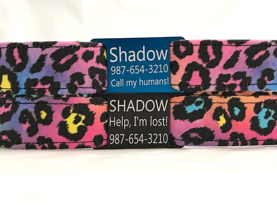Personalized Dog Collar with Slide On ID Tag - Rainbow Leopard, Cheetah Print