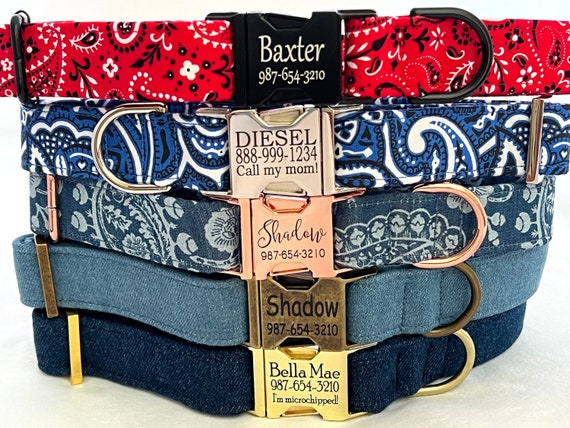 Personalized Bandana or Denim Dog Collar for Boy, Girl - Engraved Buckle - Paisley - Blue Jeans - Western