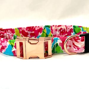 BREAKAWAY Dog Collar with Metal Side-Release Buckle -Preppy Floral - Pink Aqua Roses - Safety Collar
