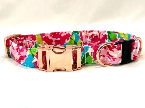 BREAKAWAY Dog Collar with Metal Side-Release Buckle -Preppy Floral - Pink Aqua Roses - Safety Collar