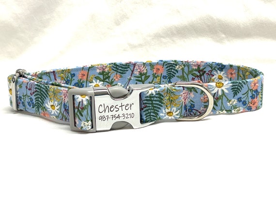 Personalized Rifle Paper Co Dog Collar – Engraved Buckle, Wildflowers