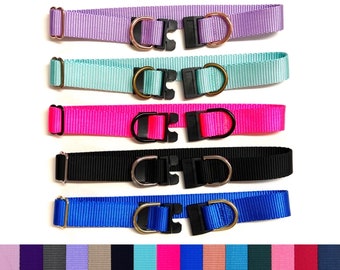 May include: Five colorful dog collars in lavender, teal, hot pink, black, and blue. Each collar features a black plastic buckle and a metal D-ring for leash attachment. A color palette of available collar colors is shown at the bottom.