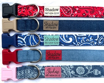 Personalized Dog Collar for Girl, Boy - Engraved ID-  Pleather Name Patch - Paisley, Denim, Bandana in Red, Blue