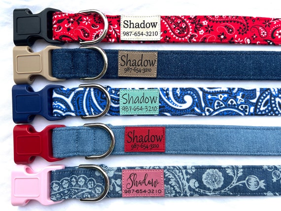 Personalized Dog Collar, Engraved Pleather Name Patch, Paisley Denim Bandana