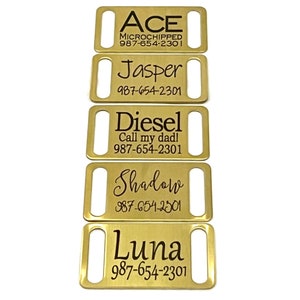 Slide On Dog, Cat ID Tag for Collar - Personalized Engraved Name- Tumbled Brass - 1”, 3/4”, 5/8”, 3/8"