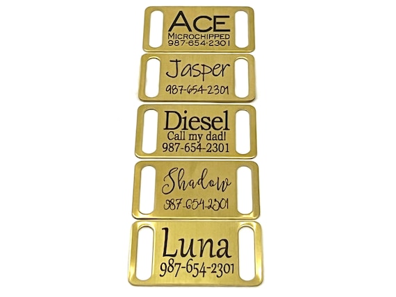Slide On Dog, Cat ID Tag for Collar - Personalized Engraved Name- Tumbled Brass - 1”, 3/4”, 5/8”, 3/8"