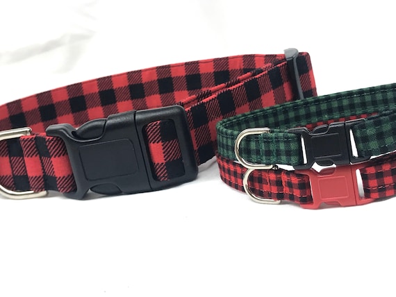Buffalo Plaid Christmas Dog Collar for Boy Girl - Hunter Green - Classic Red Checks