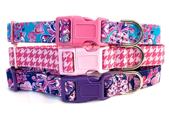 Wild Hearts and Houndstooth Checks Dog Collar for Girl, Boy -  Pink, Blue or Purple