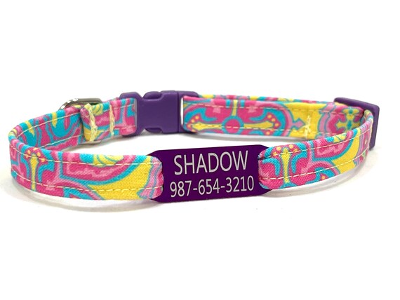 Cat Collar - Personalized Slide-On ID Tag - Breakaway - Boho Scroll - Sunshine Yellow