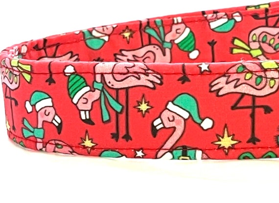 Tropical Christmas Dog Collar for Boy Girl - Flamingos wearing Santa Hats